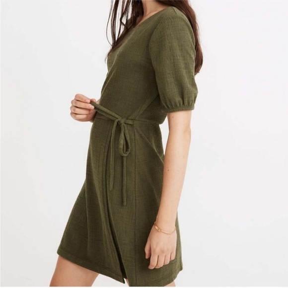 Madewell Crosshatch Puff-Sleeve Faux-Wrap Mini Dress Olive Green - Picture 1 of 11